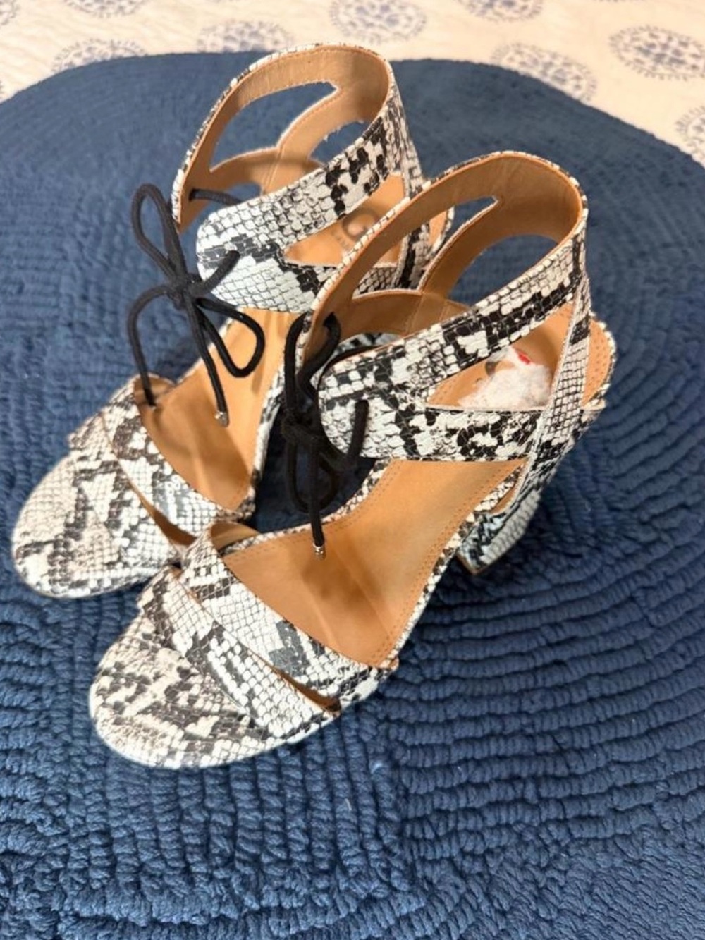 Brand NEW Gianni Binni Snake-Print Lace-Up Block Heel Sandals - Black/White 7.5